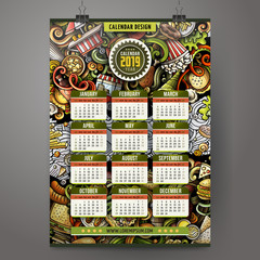 Cartoon colorful hand drawn doodles Fastfood 2019 year calendar template
