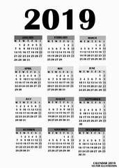 Year 2019 calendar. Simple design for calendar 2019. Calendar on White Background for organization and business. Week Starts Monday. Vector illustration.