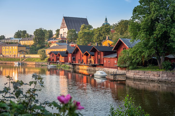 Beautiful city landscape with idyllic river and old buildings at summer evening in Porvoo, Finland - 235318483