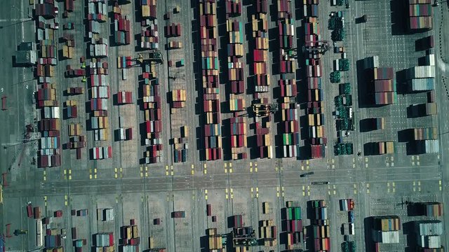 Modern seaport container terminal, aerial top down view