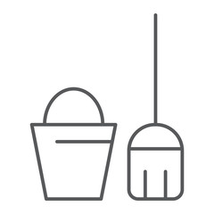 Cleaning service thin line icon, clean and wash, bucket and mop sign, vector graphics, a linear pattern on a white background.