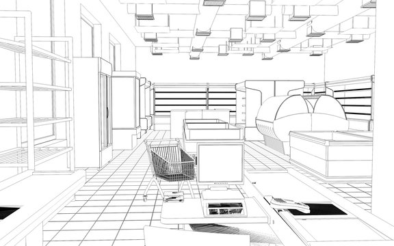 shop, grocery store, 3D illustration, sketch, outline