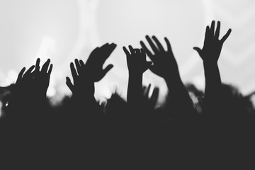 Hands silhouettes of the crowd raised up at music show. Black and white picture - obrazy, fototapety, plakaty