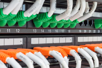Local area network switch (LAN) ethernet cables on panel board