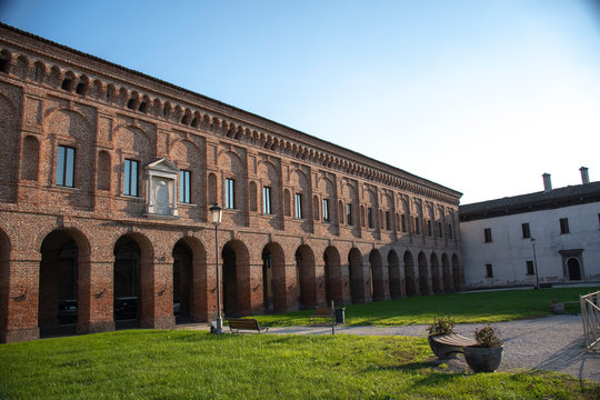 Sabbioneta ,  the gallery on the central square of the city,Italy 