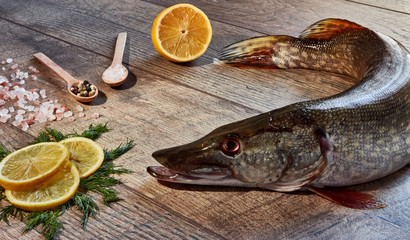 Fresh pike fish on a wooden table with spices, dill, Himalayan salt and lemon. Close up top view