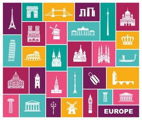 Collection of Europe detailed silhouettes. Set Travel Landmarks. vector illustration