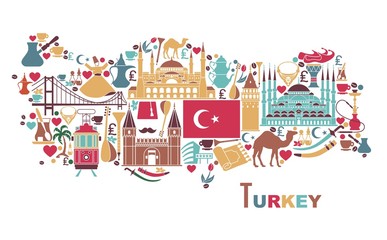 Traditional tourist symbols of Turkey in the form of map