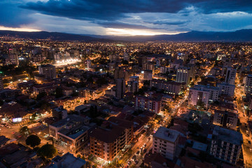 Fototapeta na wymiar Aerial view at dusk of Cochabamba, Bolivia