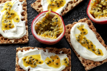 Rye breads with soy curd and maracuja, passion fruit. healthy breakfast