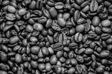 coffee grain (good and bad grain) - Arabica and Robusta blend (roasted coffee grain). Black background. Top view . Copy space.
