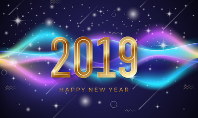 Happy New Year 2019. Abstract creative vector greeting illustration with golden number.