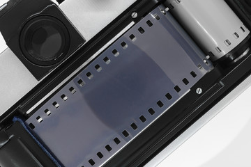 Obraz premium Background surface of open photo camera with grey tape