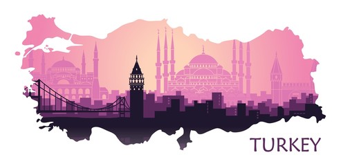 Landscape of the Turkish city of Istanbul. Abstract skyline with the main attractions in the form of a map of Turkey