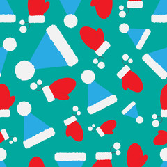 Seamless Christmas pattern . Santa Claus hat and gloves. Red and blue color.