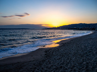 French Riviera beach at sunset in winter