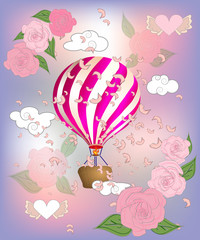 Air balloon with roses in the basket and ribbon with signature I really love you Valentines day illustration