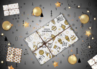 Merry Christmas greeting card with creative gift box.
