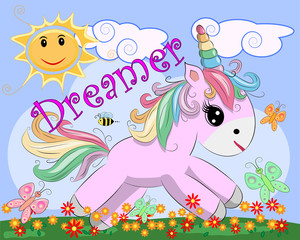 Pink unicorn on a meadow with flowers, rainbow, sun. Child illustration, fairy-tale character, dreamer