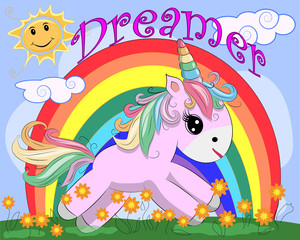 Pink unicorn on a meadow with flowers, rainbow, sun. Child illustration, fairy-tale character, dreamer