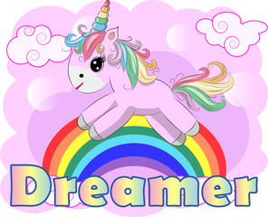 Unicorn vector illustration drawing with rainbow writing Dreamer. Unicorn's head cartoon, isolated on white background.