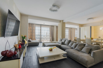 Interior of light spacious living room with large panoramic windows in a luxury villa