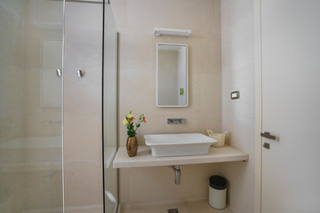 Fototapeta na wymiar Interior of a bathroom in soft light colours in a luxury villa