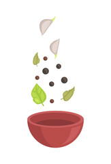 Spice Falling Down into Wood Bowl, Vector Badge