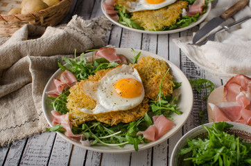 Potato pancakes with eggs and ham