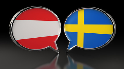 Fototapeta premium Austria and Sweden flags with Speech Bubbles. 3D illustration