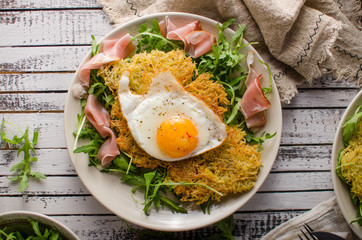 Potato pancakes with eggs and ham