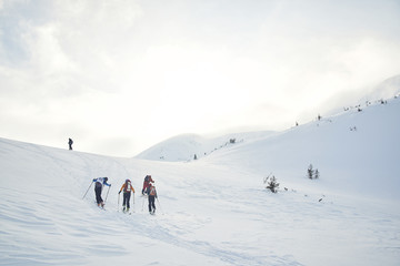 Fototapeta na wymiar Skitouring group with mountain views in winter