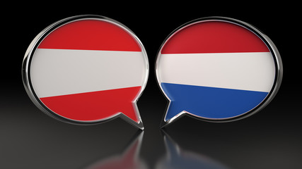 Fototapeta premium Austria and Netherlands flags with Speech Bubbles. 3D illustration