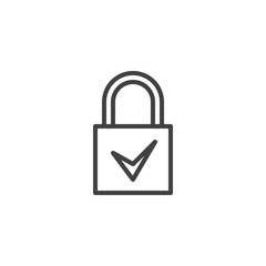 Close padlock with check mark outline icon. linear style sign for mobile concept and web design. Security Lock accepted simple line vector icon. Symbol logo illustration. Pixel perfect vector graphics