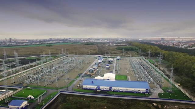 Aerial video shooting of electrical substation of 110 and 220 kV switchgear, current transformers, substation maintenance and safety systems, Energy security of the city