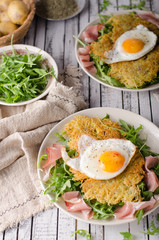 Potato pancakes with eggs and ham