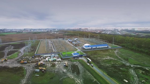 Aerial video shooting of electrical substation of 110 and 220 kV switchgear, current transformers, substation maintenance and safety systems, Energy security of the city