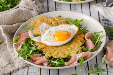Potato pancakes with eggs and ham