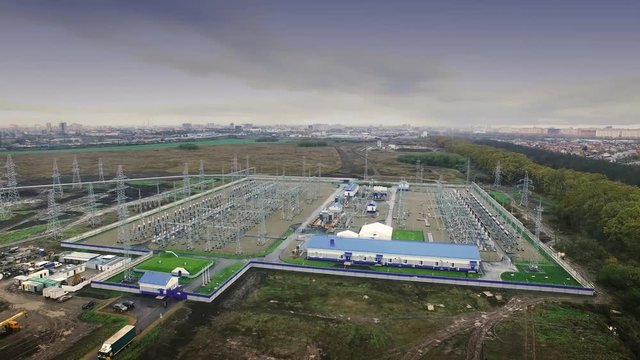 Aerial video shooting of electrical substation of 110 and 220 kV switchgear, current transformers, substation maintenance and safety systems, Energy security of the city