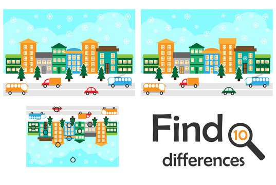 Find 10 differences, game for children, christmas snowy city in cartoon style, education game for kids, preschool worksheet activity, task for the development of logical thinking, vector illustration