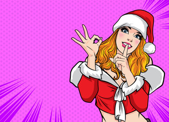 Beautiful santa Woman finger on lips and hand up ok action