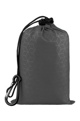 Very compact gray nylon pocket blanket in a drawstring bag with a carabiner. Thin tarp or footprint...