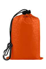 Very compact orange nylon pocket blanket in a drawstring bag with a carabiner. Thin tarp or...