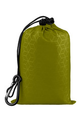 Very compact green nylon pocket blanket in a drawstring bag with a carabiner. Thin tarp or...