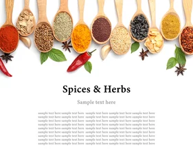 Poster Composition with different aromatic spices in wooden spoons on white background © New Africa
