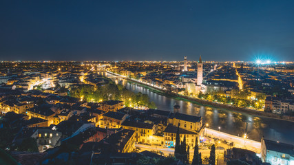 Overlooking the city at Sunset and night time, Verona Italy