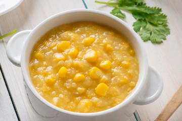 Close up, Corn soup in white bowl.