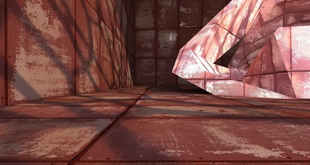 Empty  abstract room interior of sheets rusted metal. Architectural background. 3D illustration and rendering