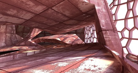 Empty  abstract room interior of sheets rusted metal. Architectural background. 3D illustration and rendering