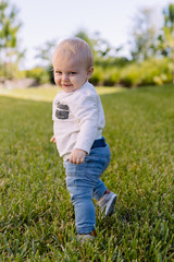 Cute and Adorable Young Toddler Baby Boy Playing in the Backyard Green Grass and Smiling at the Camera